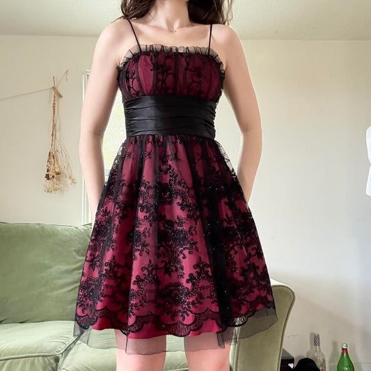 Deep Red Black Y2K Gothic Floral Sequined Tulle Satin Comfort Short Mini Homecoming Dress Party Dress gh4741