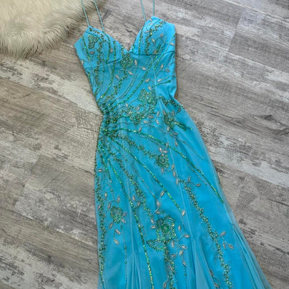 Light blue stunning and elegant Flowers sequined backless retro long prom dress y2k fairy homecoming dress date dress gh4517