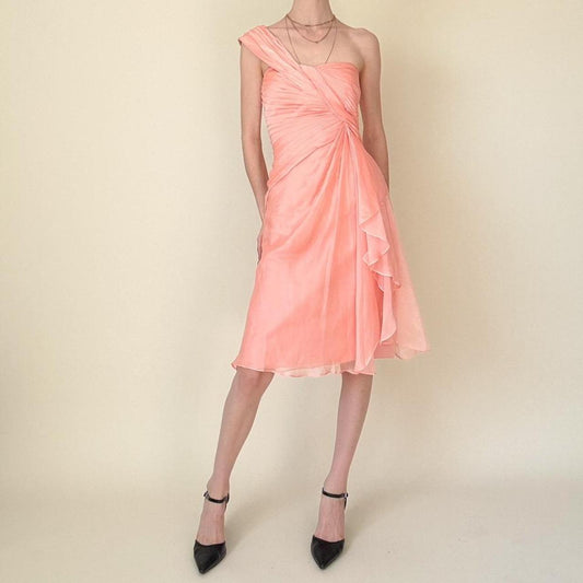 Y2K Peach Pink One Shoulder Dress Ruffled Layered Detail Y2K Coral Pink Prom Homecoming Dress gh4596