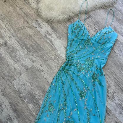 Light blue stunning and elegant Flowers sequined backless retro long prom dress y2k fairy homecoming dress date dress gh4517