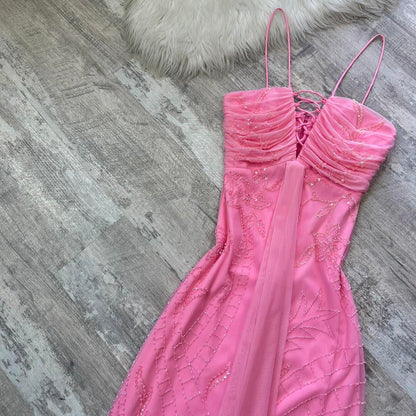 Cute pale pink iridescent sequined flowy maxi dress vintage prom dress sequin dress y2k dress fairy dress barbie dress homecoming dress wedding guest dress 2000s gh4514