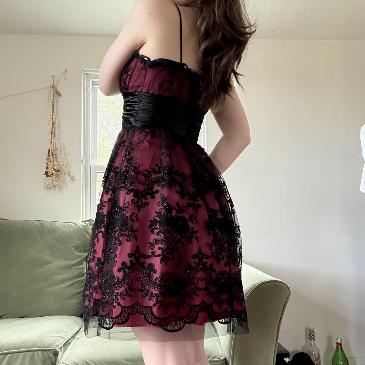 Deep Red Black Y2K Gothic Floral Sequined Tulle Satin Comfort Short Mini Homecoming Dress Party Dress gh4741