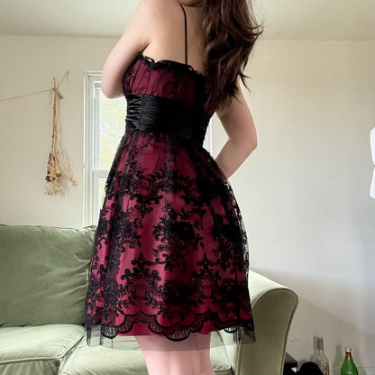 Deep Red Black Y2K Gothic Floral Sequined Tulle Satin Comfort Short Mini Homecoming Dress Party Dress gh4741