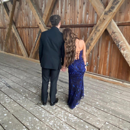 Vintage Purple Sequin Prom Dress Strapless Evening Dress Long Sheath Formal Dress TP4647