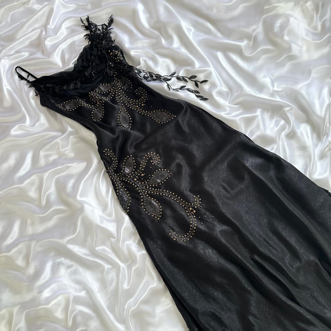 _¦¢__Black Vintage Glam Rock Unique Fashion Beautiful Elegant Exquisite Gold Stud Beads Long Satin Ball Gown Evening Gown Birthday Party Dress Prom Dark Fairy/Black Swan gh3914