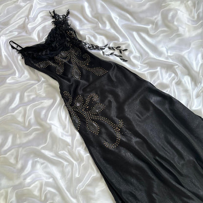_¦¢__Black Vintage Glam Rock Unique Fashion Beautiful Elegant Exquisite Gold Stud Beads Long Satin Ball Gown Evening Gown Birthday Party Dress Prom Dark Fairy/Black Swan gh3914