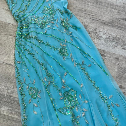 Light blue stunning and elegant Flowers sequined backless retro long prom dress y2k fairy homecoming dress date dress gh4517