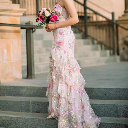 Vintage Pink Floral Sequin Prom Dress Spaghetti Strap Evening Dress Long Sheath Formal Dress TP4645