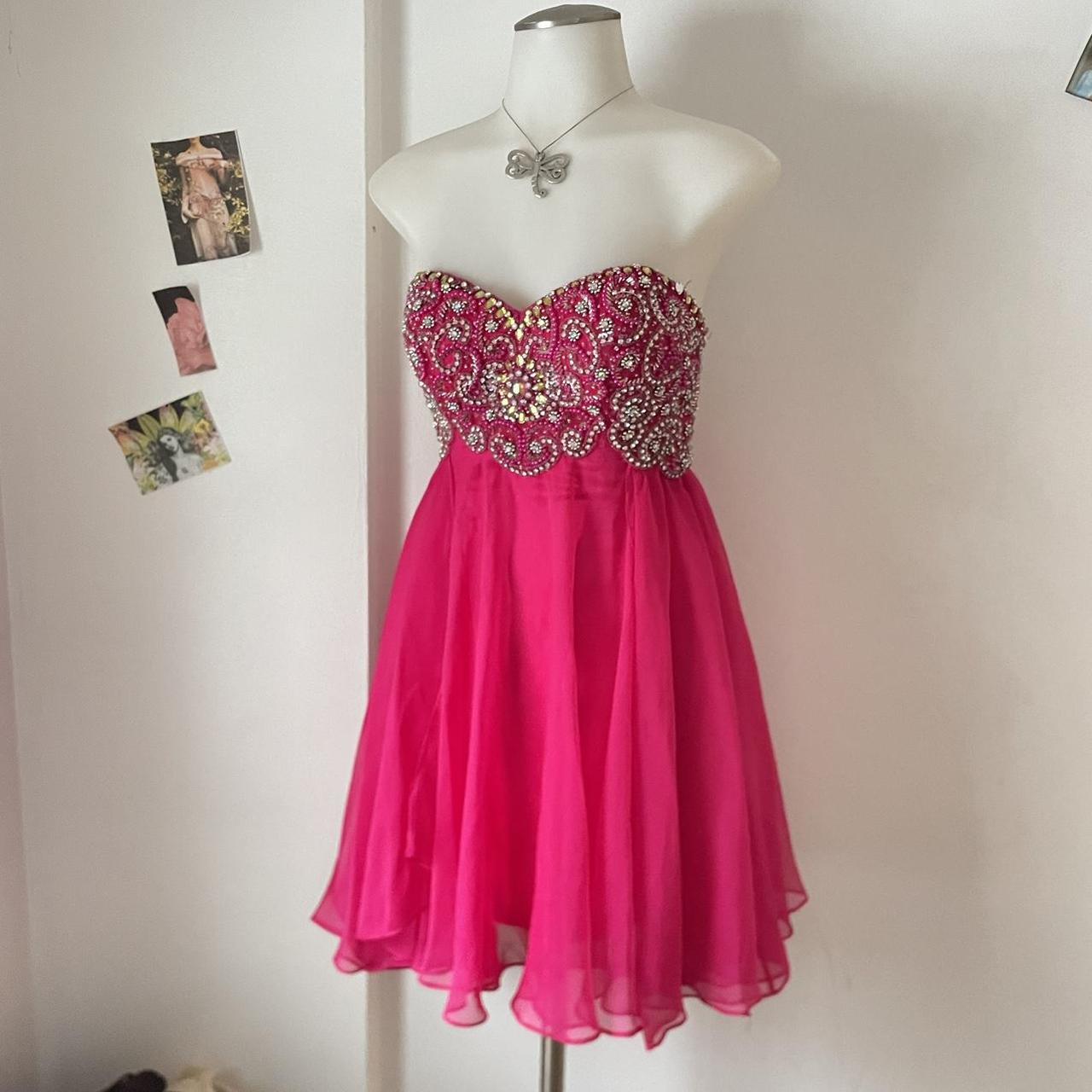 Y2K Bright Pink Rhinestone Off-the-shoulder Sweetheart Neck Sequin Short Chiffon Flowing Homecoming Dress Cocktail Party Dress gh4742