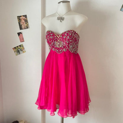 Y2K Bright Pink Rhinestone Off-the-shoulder Sweetheart Neck Sequin Short Chiffon Flowing Homecoming Dress Cocktail Party Dress gh4742