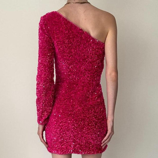 Pink Sequin One Shoulder Mini Short Velvet Homecoming Dress Cocktail Dress Birthday Party Dress gh4594
