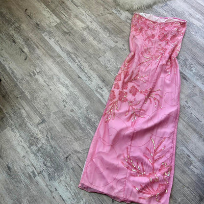 y2k beautiful rare fairy mermaid vintage light pink off the shoulder floral sequins flowing maxi dress stunning date dress, prom dress, dress homecoming dress, wedding guest dress gh4512