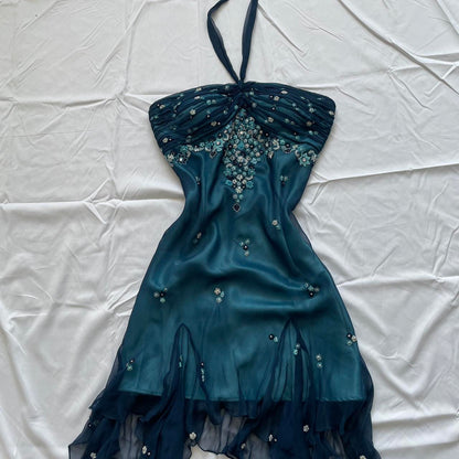 amakanas-Blue floral beaded short halter chiffon homecoming dress birthday party dress gh5263