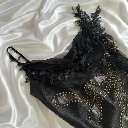 _¦¢__Black Vintage Glam Rock Unique Fashion Beautiful Elegant Exquisite Gold Stud Beads Long Satin Ball Gown Evening Gown Birthday Party Dress Prom Dark Fairy/Black Swan gh3914