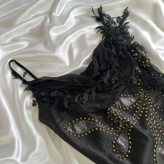 _¦¢__Black Vintage Glam Rock Unique Fashion Beautiful Elegant Exquisite Gold Stud Beads Long Satin Ball Gown Evening Gown Birthday Party Dress Prom Dark Fairy/Black Swan gh3914