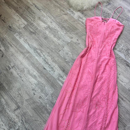 Cute pale pink iridescent sequined flowy maxi dress vintage prom dress sequin dress y2k dress fairy dress barbie dress homecoming dress wedding guest dress 2000s gh4514