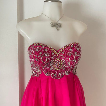 Y2K Bright Pink Rhinestone Off-the-shoulder Sweetheart Neck Sequin Short Chiffon Flowing Homecoming Dress Cocktail Party Dress gh4742