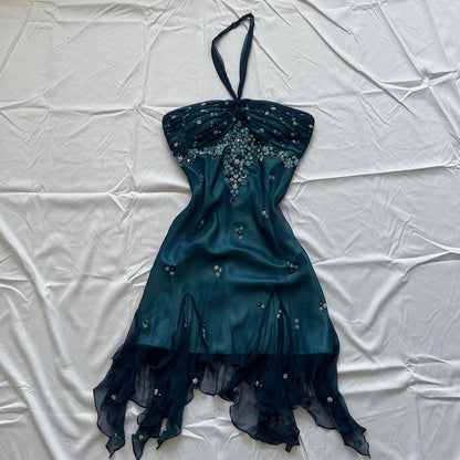 amakanas-Blue floral beaded short halter chiffon homecoming dress birthday party dress gh5263