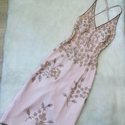 Stunning vintage pale pink fairy dress silver floral beading beautiful prom dress beaded dress y2k dress fairy dress homecoming dress wedding guest dress 2000s dress gh4513