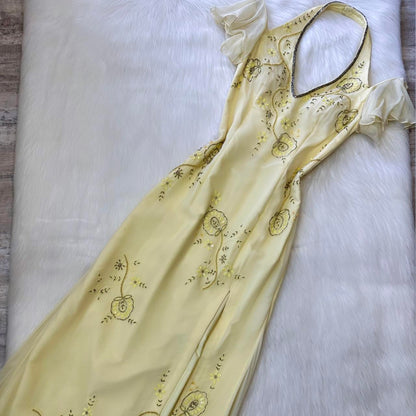 Yellow vintage prom dress maxi dress fairy dress y2k dress homecoming dress suspender dress sequin floral delicate cute prom/wedding/summer/date gh4515