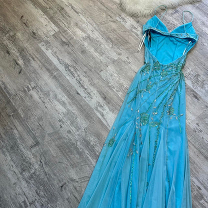 Light blue stunning and elegant Flowers sequined backless retro long prom dress y2k fairy homecoming dress date dress gh4517
