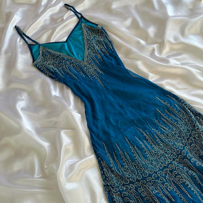 ___intage Blue Fashion Exquisite Silver Gold Beads Long Elegant Flowing Chiffon Ball Gown Evening Gown Party Dress Prom Gown gh3869