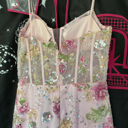 Vintage Pink Floral Sequin Prom Dress Spaghetti Strap Evening Dress Long Sheath Formal Dress TP4645