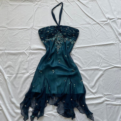 amakanas-Blue floral beaded short halter chiffon homecoming dress birthday party dress gh5263