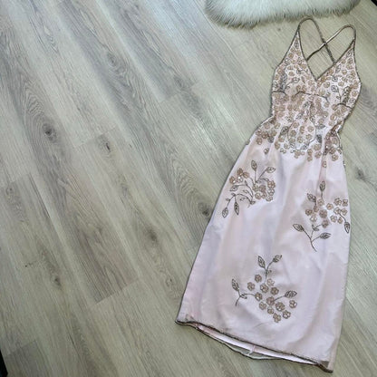 Stunning vintage pale pink fairy dress silver floral beading beautiful prom dress beaded dress y2k dress fairy dress homecoming dress wedding guest dress 2000s dress gh4513