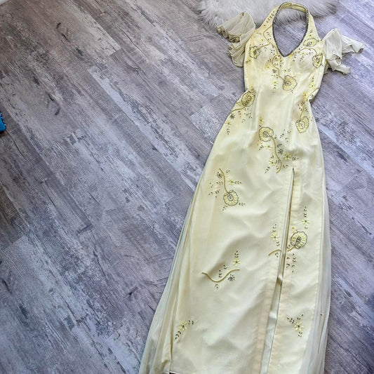 Yellow vintage prom dress maxi dress fairy dress y2k dress homecoming dress suspender dress sequin floral delicate cute prom/wedding/summer/date gh4515