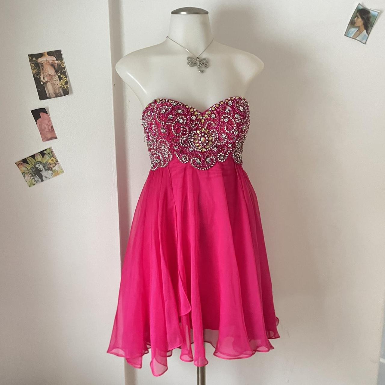 Y2K Bright Pink Rhinestone Off-the-shoulder Sweetheart Neck Sequin Short Chiffon Flowing Homecoming Dress Cocktail Party Dress gh4742