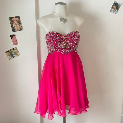Y2K Bright Pink Rhinestone Off-the-shoulder Sweetheart Neck Sequin Short Chiffon Flowing Homecoming Dress Cocktail Party Dress gh4742