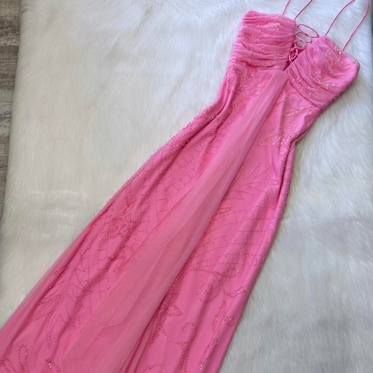 Cute pale pink iridescent sequined flowy maxi dress vintage prom dress sequin dress y2k dress fairy dress barbie dress homecoming dress wedding guest dress 2000s gh4514