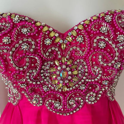 Y2K Bright Pink Rhinestone Off-the-shoulder Sweetheart Neck Sequin Short Chiffon Flowing Homecoming Dress Cocktail Party Dress gh4742