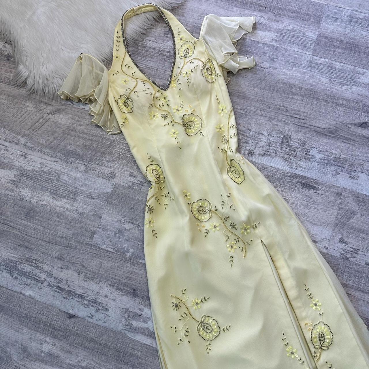 Yellow vintage prom dress maxi dress fairy dress y2k dress homecoming dress suspender dress sequin floral delicate cute prom/wedding/summer/date gh4515