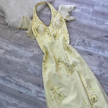 Yellow vintage prom dress maxi dress fairy dress y2k dress homecoming dress suspender dress sequin floral delicate cute prom/wedding/summer/date gh4515