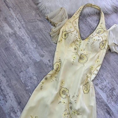 Yellow vintage prom dress maxi dress fairy dress y2k dress homecoming dress suspender dress sequin floral delicate cute prom/wedding/summer/date gh4515