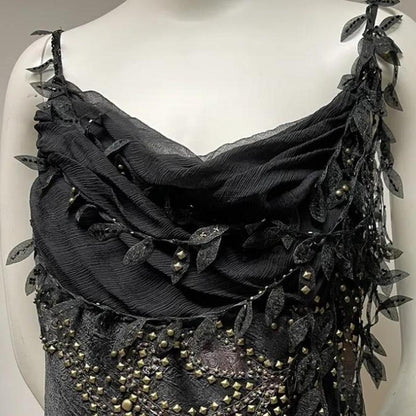 _¦¢__Black Vintage Glam Rock Unique Fashion Beautiful Elegant Exquisite Gold Stud Beads Long Satin Ball Gown Evening Gown Birthday Party Dress Prom Dark Fairy/Black Swan gh3914