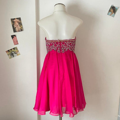 Y2K Bright Pink Rhinestone Off-the-shoulder Sweetheart Neck Sequin Short Chiffon Flowing Homecoming Dress Cocktail Party Dress gh4742