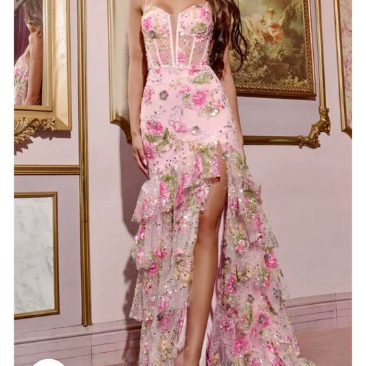 Vintage Pink Floral Sequin Prom Dress Spaghetti Strap Evening Dress Long Sheath Formal Dress TP4645