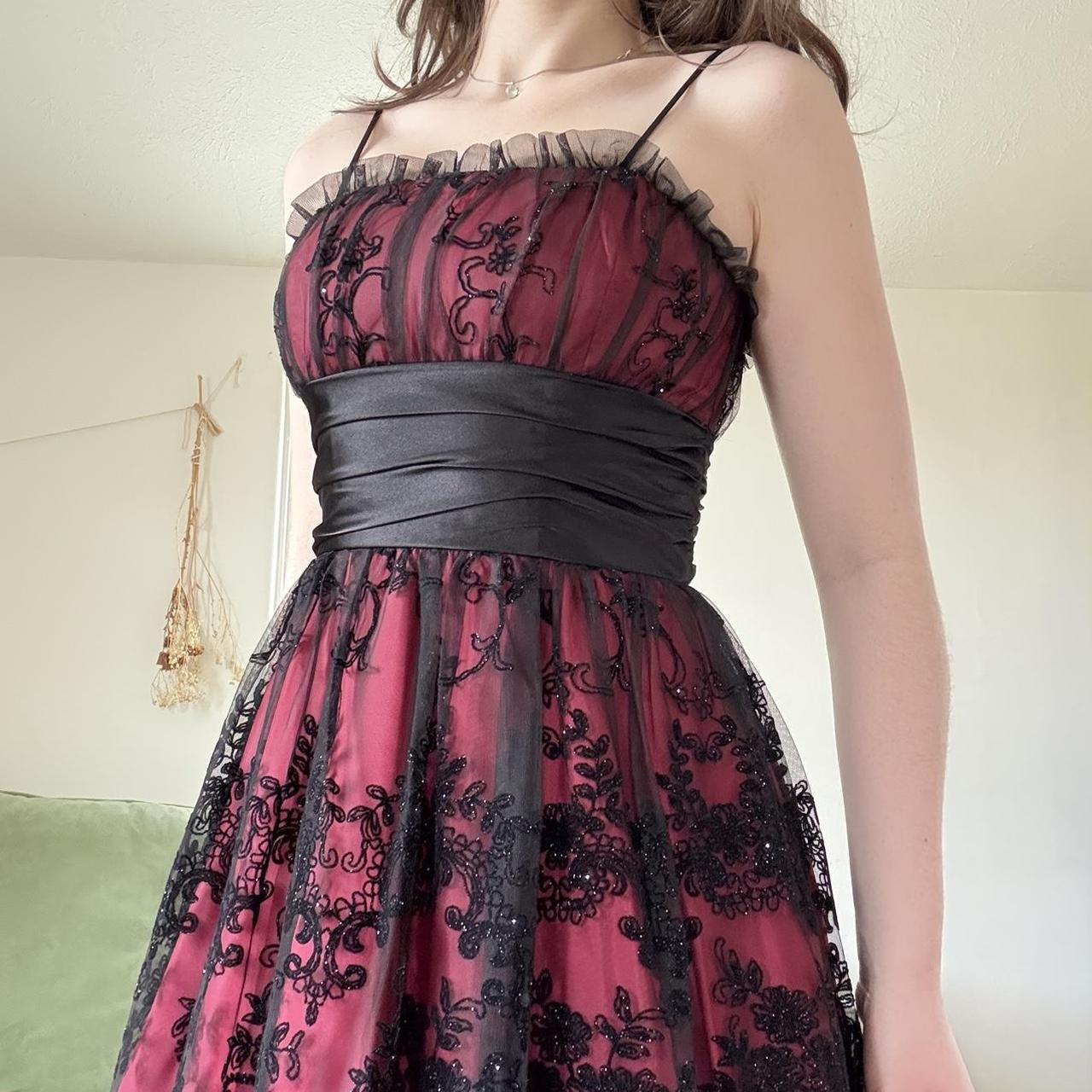 Deep Red Black Y2K Gothic Floral Sequined Tulle Satin Comfort Short Mini Homecoming Dress Party Dress gh4741