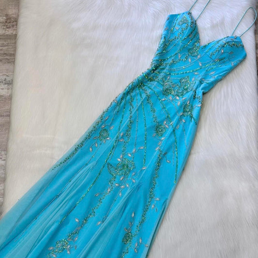 Light blue stunning and elegant Flowers sequined backless retro long prom dress y2k fairy homecoming dress date dress gh4517