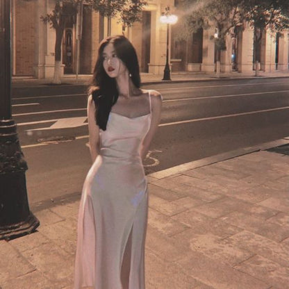 Spaghetti Straps Ivory Satin Mermaid Prom Dresses Side Slit Prom Dress P1170