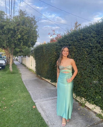 Sheath Strapless Mint Green Floor Length Sleeveless Slit Prom Dress P1181