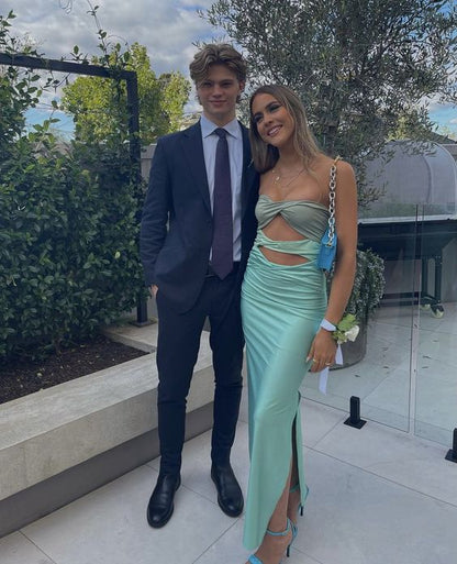 Sheath Strapless Mint Green Floor Length Sleeveless Slit Prom Dress P1181