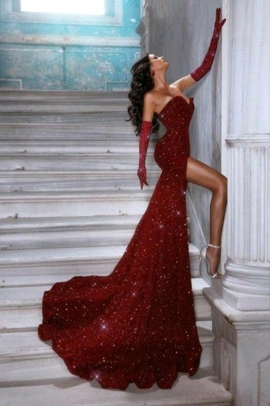 Sexy Mermaid Long Senior Sequin Slit Prom Dress Formal Dress P1317