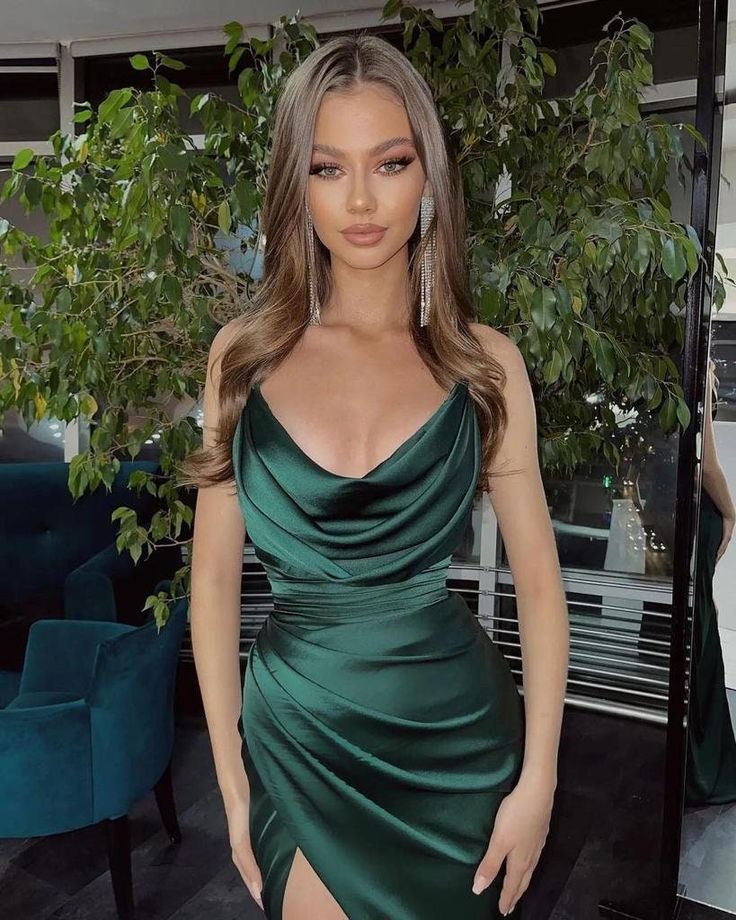 Sexy Mermaid Straps Long Dark Green Slit Prom Dress Evening Dress P1334
