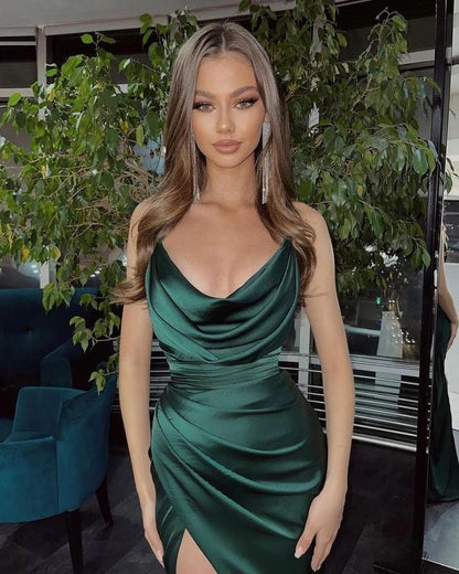 Sexy Mermaid Straps Long Dark Green Slit Prom Dress Evening Dress P1334