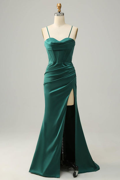 Sexy Mermaid Straps Dark Green Prom Dress Spaghetti Straps Evening Gown P1335