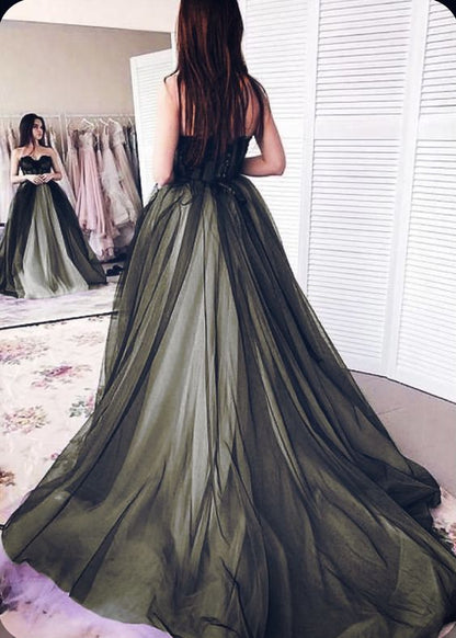Vintage A Line Sweetheart Tulle Long Green Prom Dress P1457